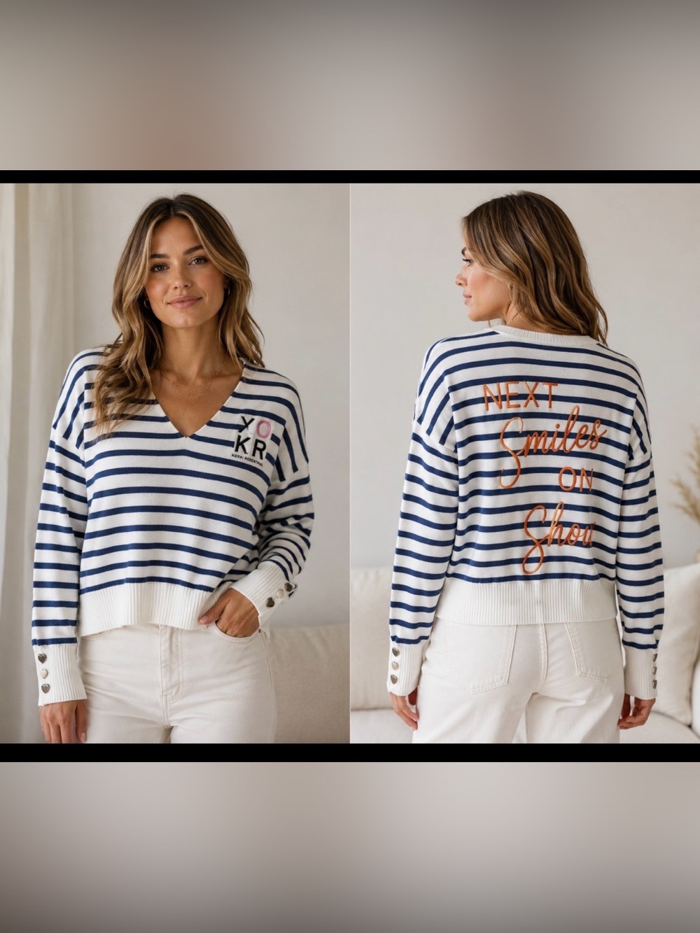 XOXR Kerri Rosenthal “Next Smiles on You” Striped V-Neck Sweater Medium Coastal